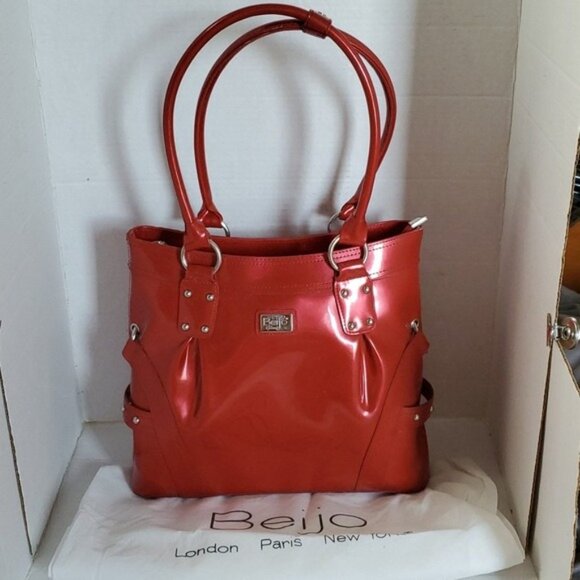 Beijo Head Over Heels Red Patent Leather Bag Tote Shoulder Handbag Purse Women's - Picture 16 of 16